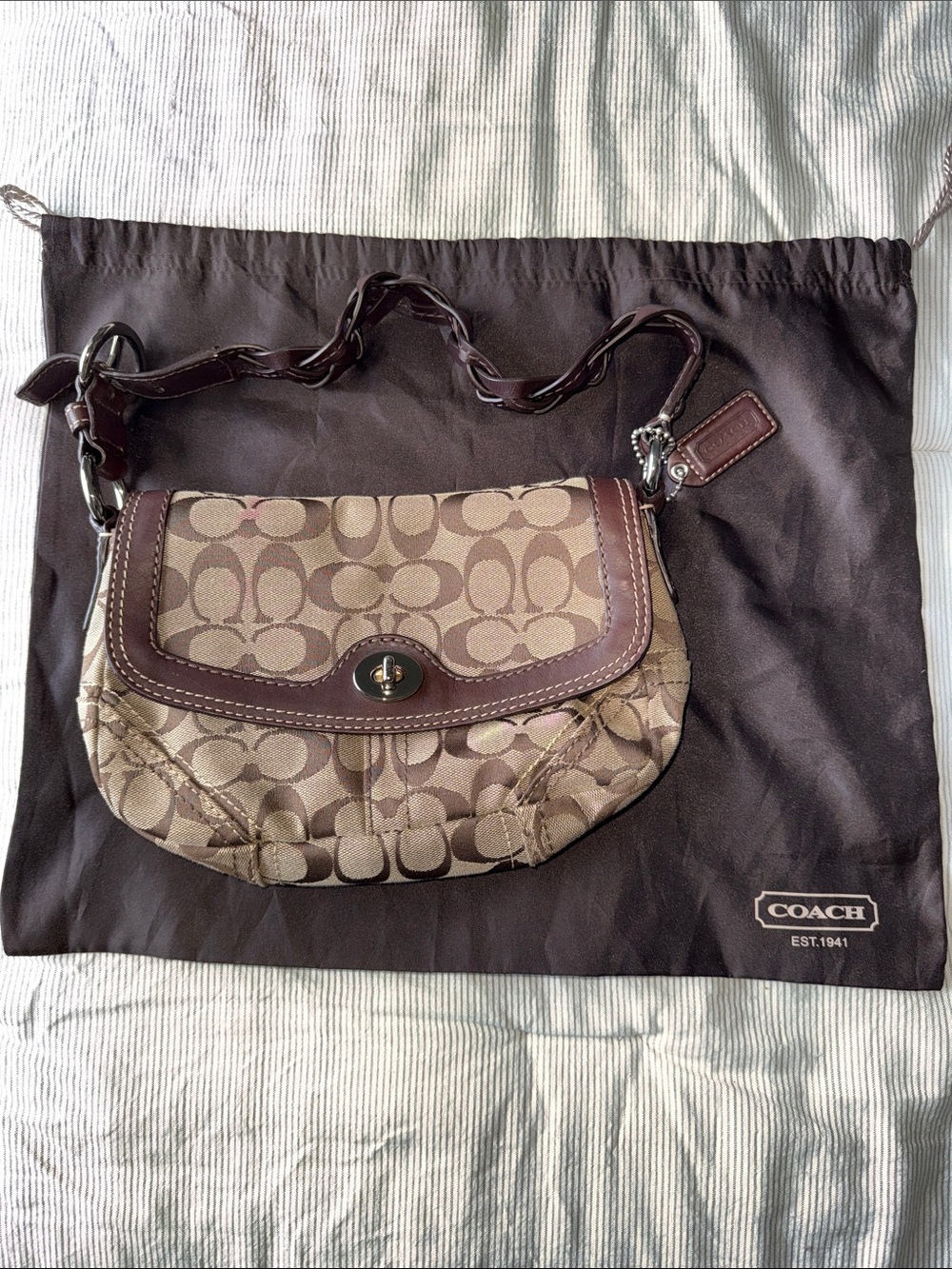 Vintage Coach Signature Canvas Brown Leather Turnlock Bag